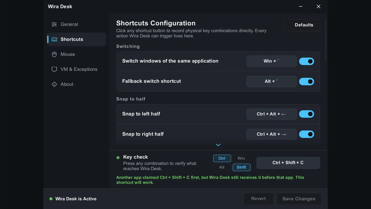Window konfigurasi shortcut dan daemon tray Windows 11 Wira Desk