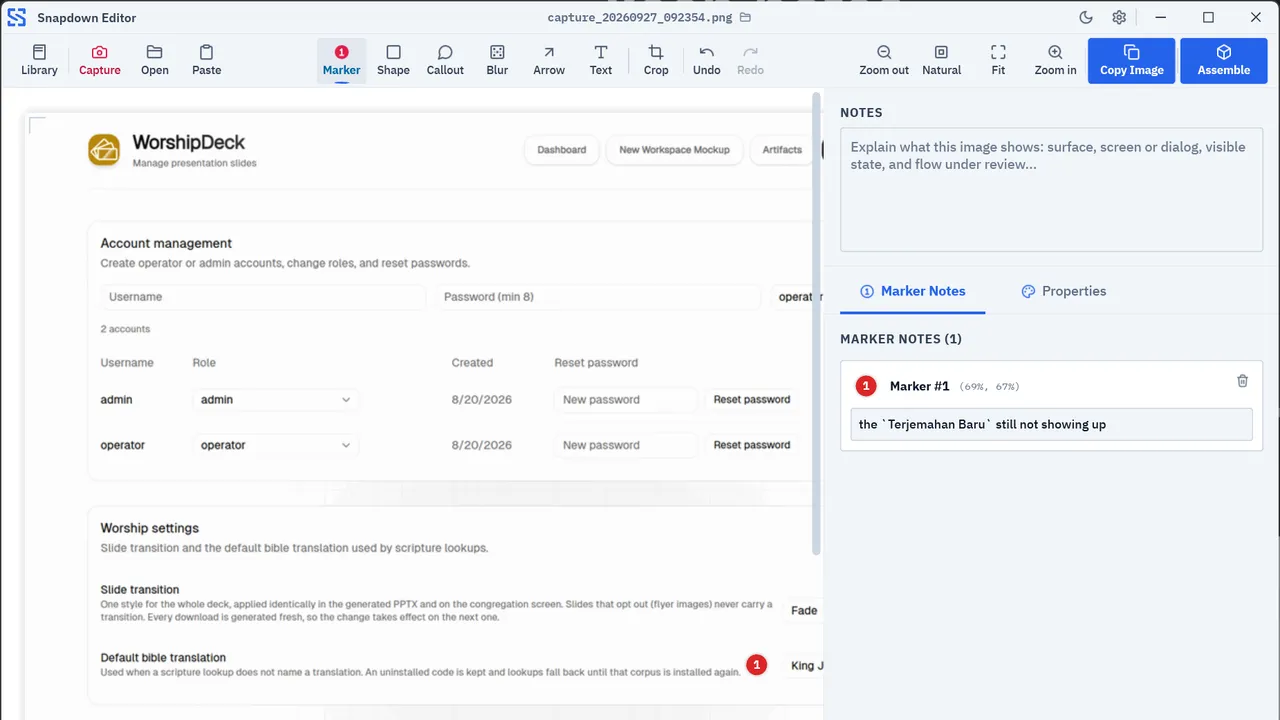 Snapdown, perkakas tangkap layar dan anotasi untuk coding agent