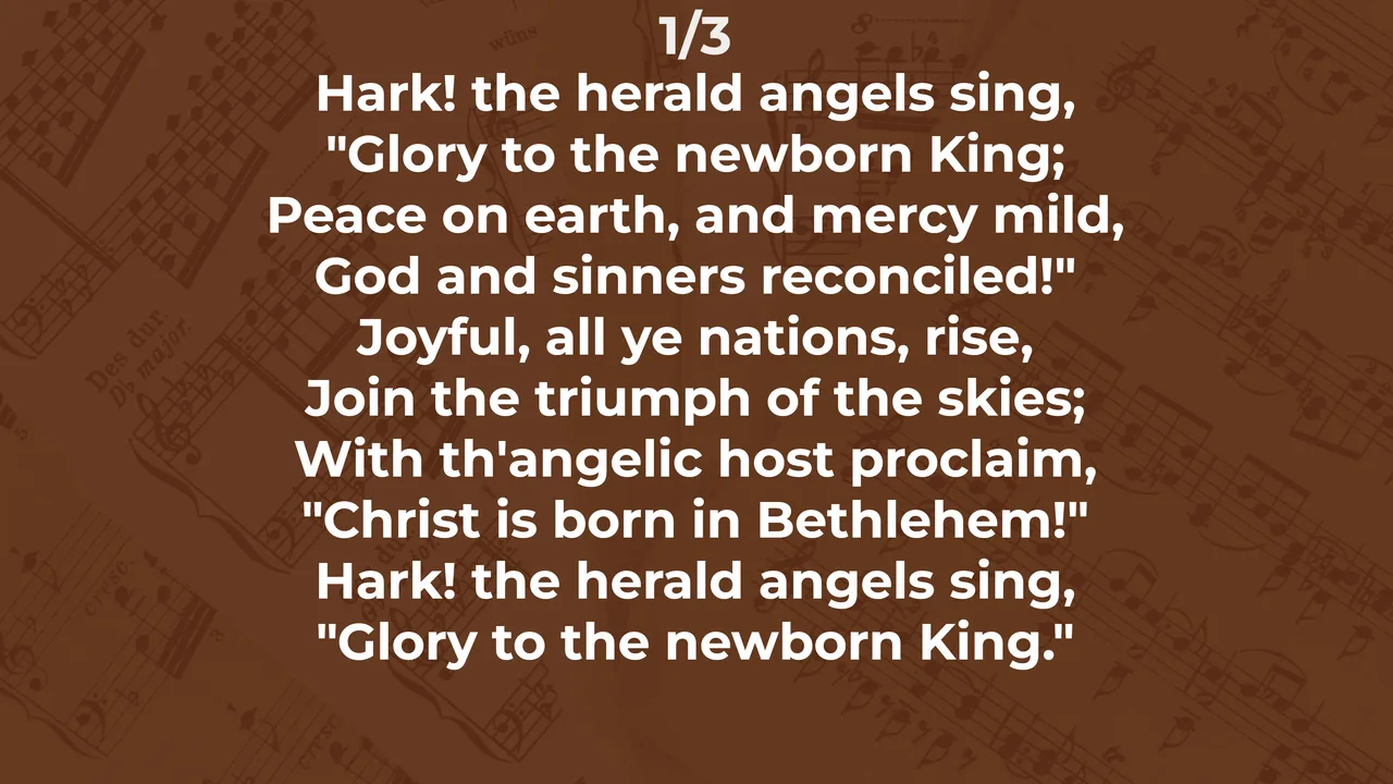 WorshipDeck congregation screen showing a hymn lyric slide with a slide counter