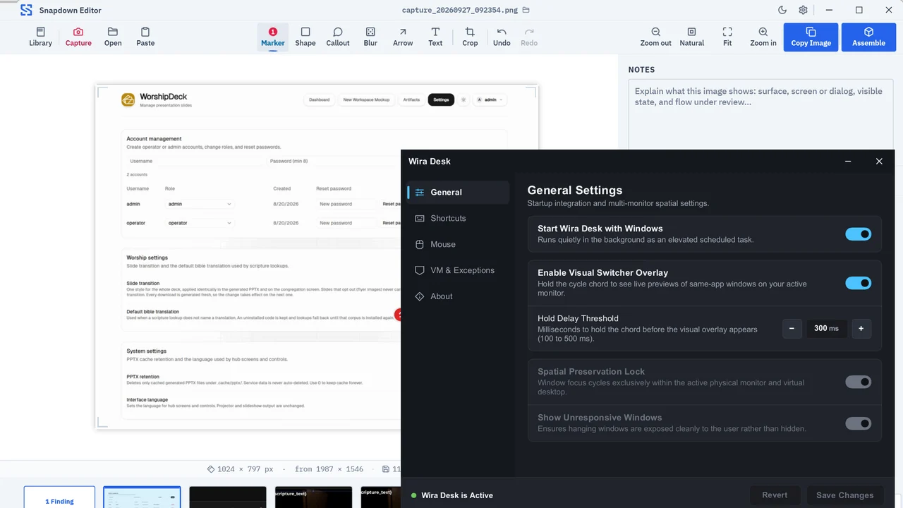 Tampilan antarmuka aplikasi desktop native Snapdown dan utilitas Windows 11 Wira Desk
