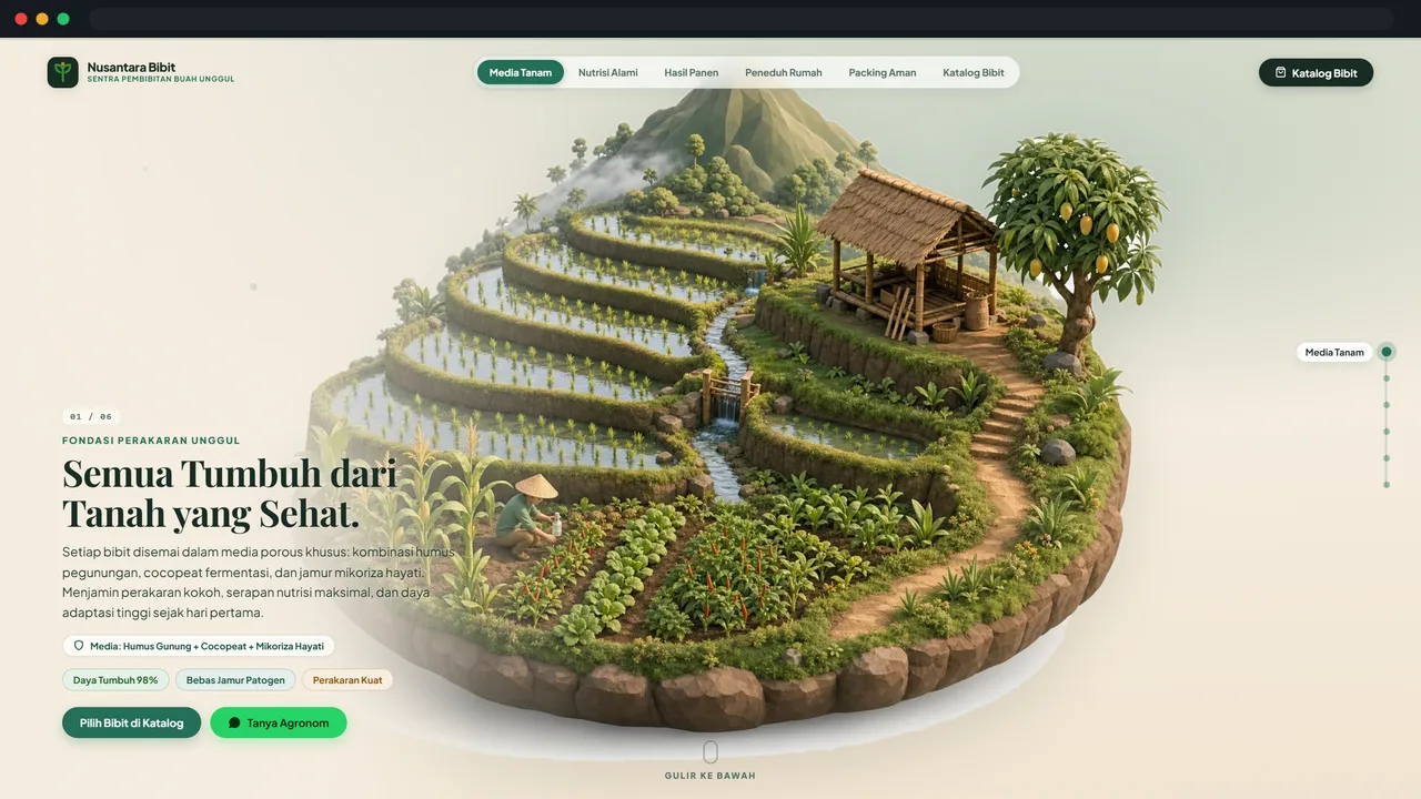 Demo website 3D: pulau sawah bertingkat yang berputar saat di-scroll